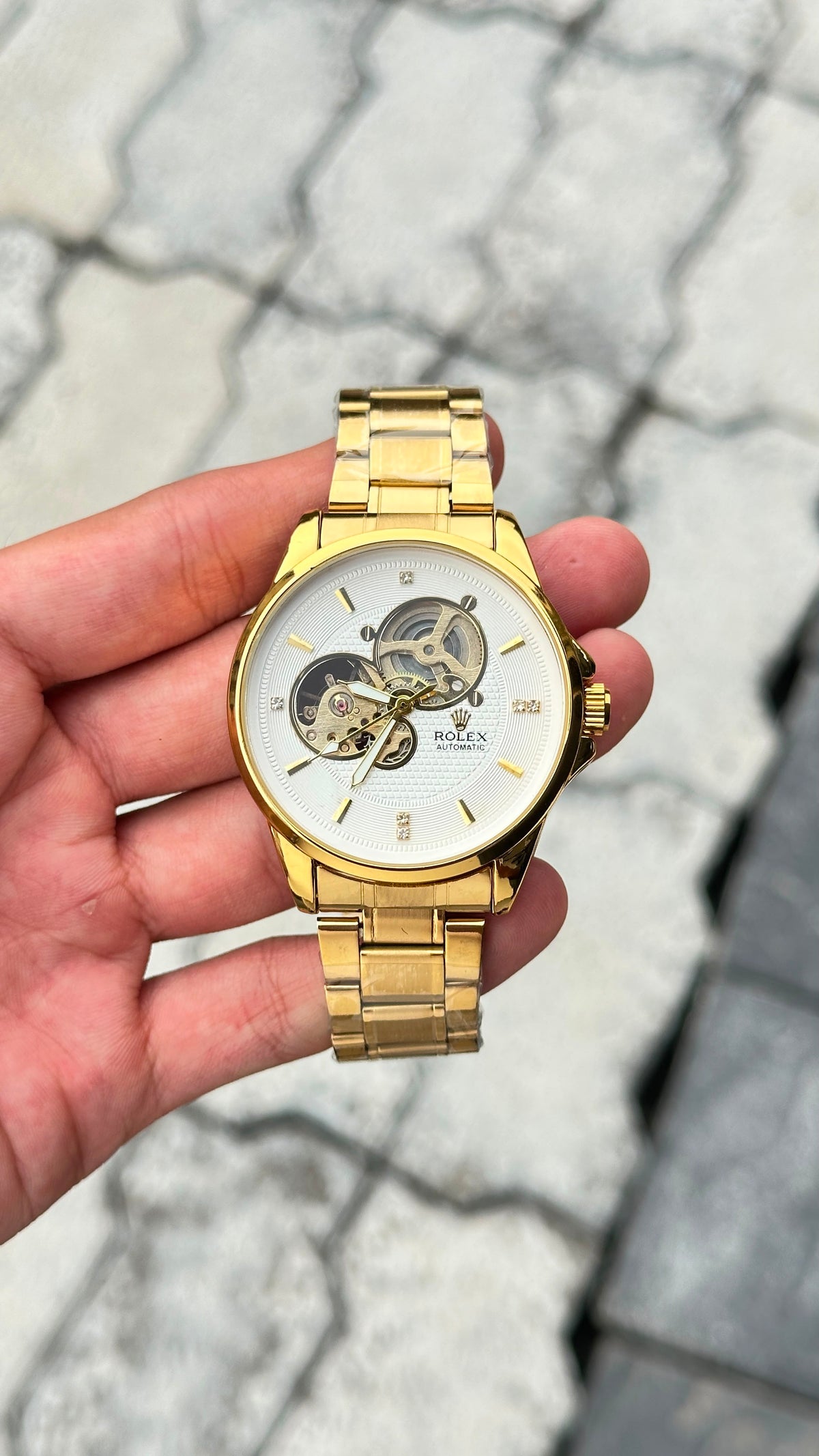 Rolex White Dial Gold Bezel Automatic Watch