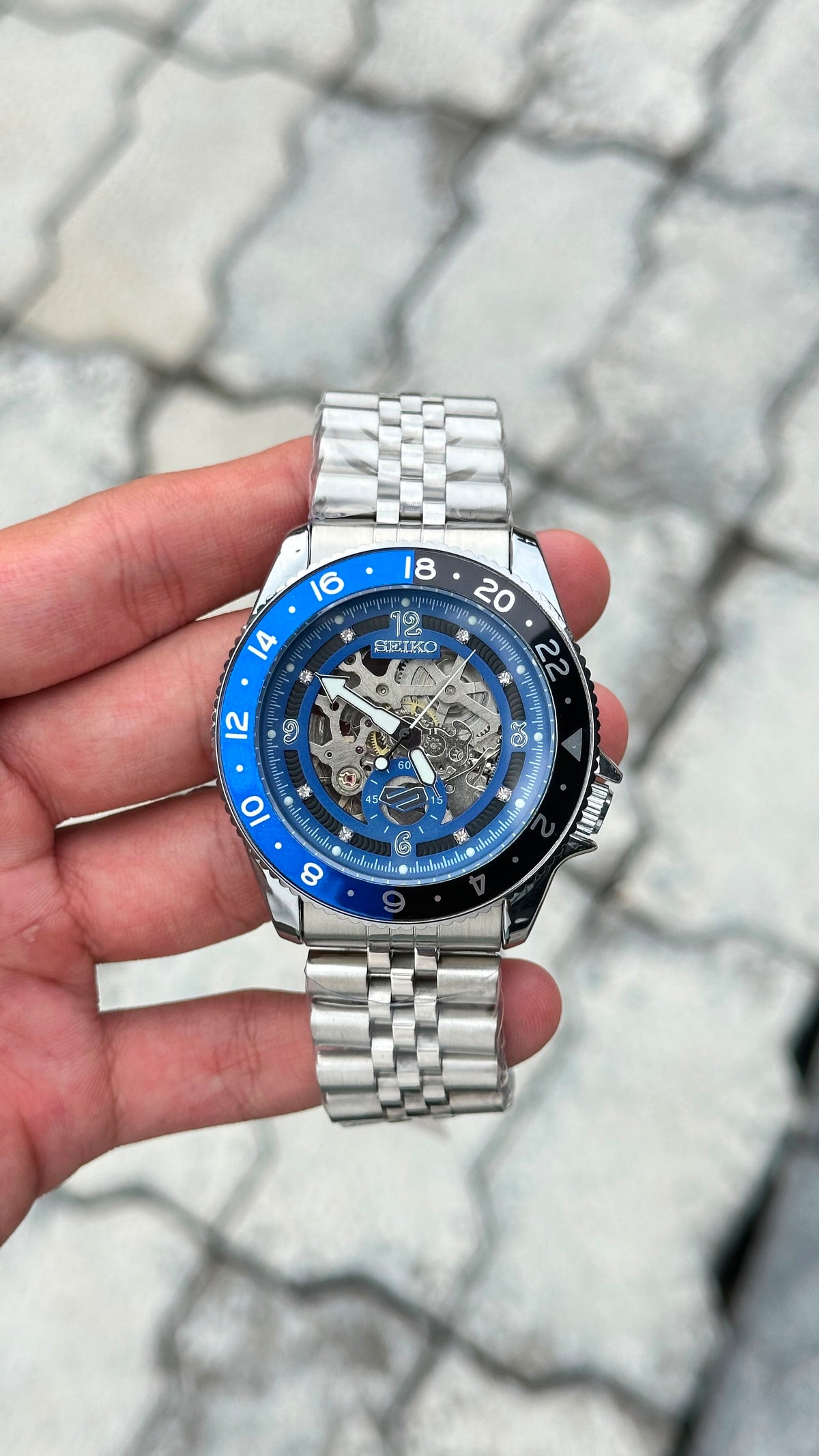 Seiko Blue dial Blue & black Bezel Skeleton Automatic Watch