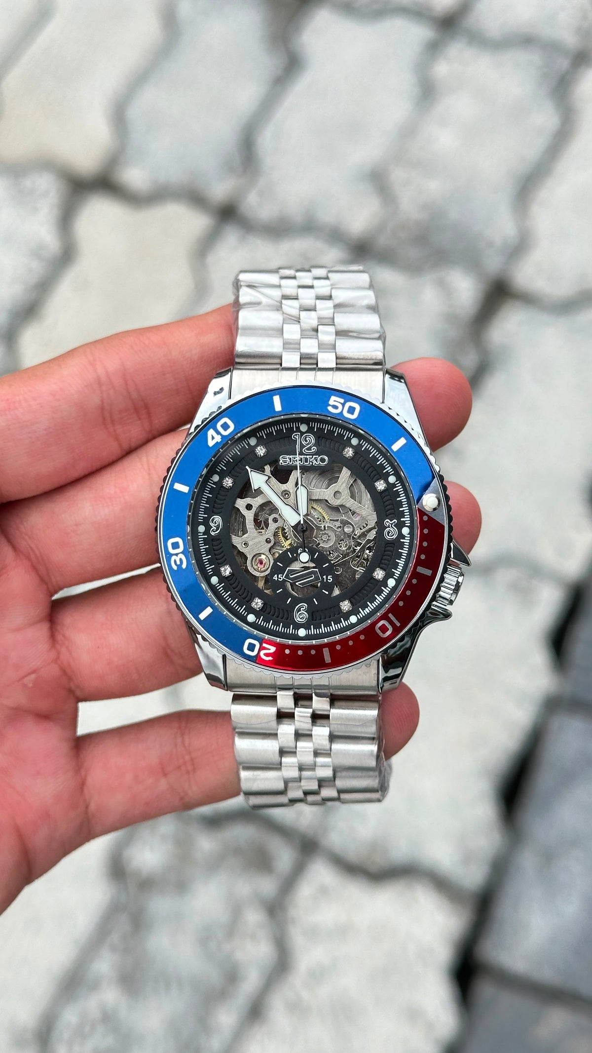 Seiko Black dial Blue & Red Bezel Skeleton Automatic Watch