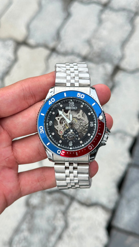 Seiko Black dial Blue & Red Bezel Skeleton Automatic Watch