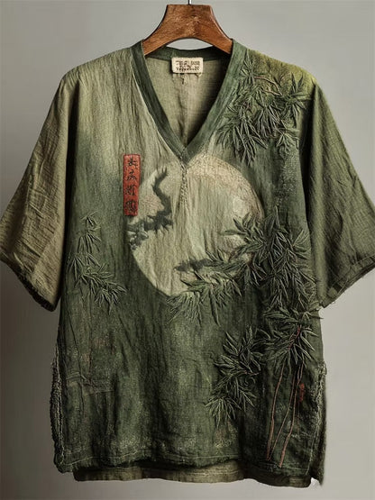 Men's Bamboo Moon Cotton Linen Kimono Shirt | Japanese V-Neck Short Sleeve Casual Top