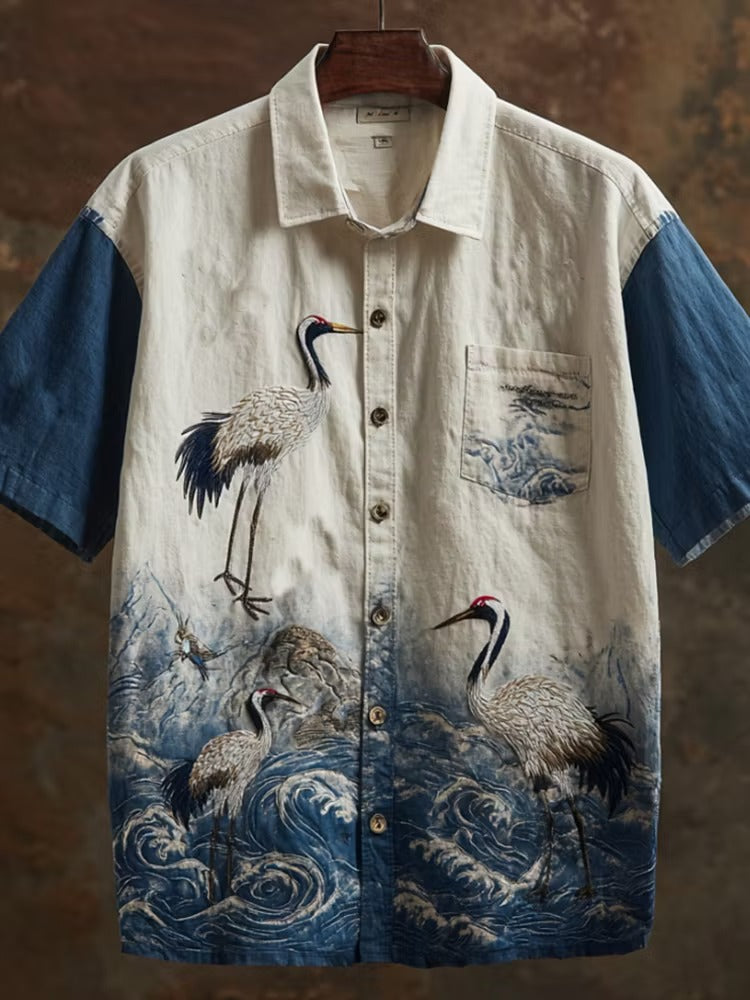 Men's Japanese Crane Landscape Print Shirt | Premium Cotton Linen Casual Half Sleeve Button-Up Shirt