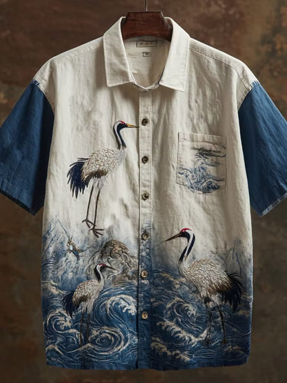Men's Japanese Crane Landscape Print Shirt | Premium Cotton Linen Casual Half Sleeve Button-Up Shirt