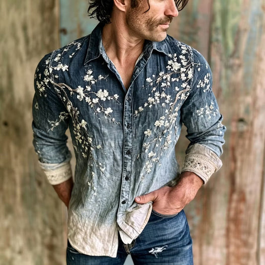 Men's Blue Ombre Floral Embroidered Cotton Linen Shirt | Long Sleeve Vintage Casual Button-Up | Uroba.shop