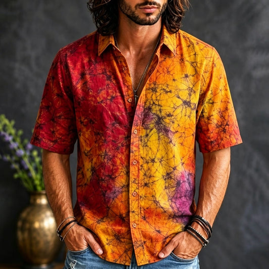 Men's Handcrafted Tie-Dye Cotton Short Sleeve Shirt | Vintage Boho Casual Summer Button-Up