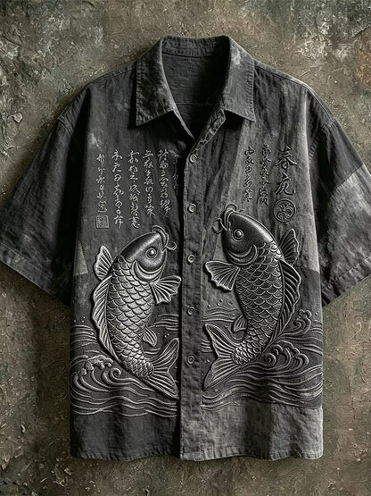 Men's Black Koi Fish Embroidered Cuban Collar Shirt | Premium Japanese Style Casual Half Sleeve Shirt