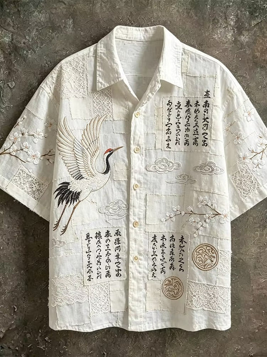 Men's White Japanese Crane Embroidered Linen Blend Shirt | Premium Half Sleeve Casual Shirt