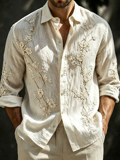 Men's White Floral Embroidered Cotton Linen Shirt | Premium Long Sleeve Casual Button-Up | Uroba.shop