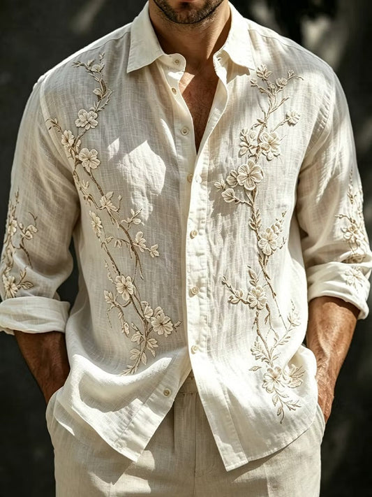 Men's White Floral Embroidered Cotton Linen Shirt | Premium Long Sleeve Casual Button-Up | Uroba.shop