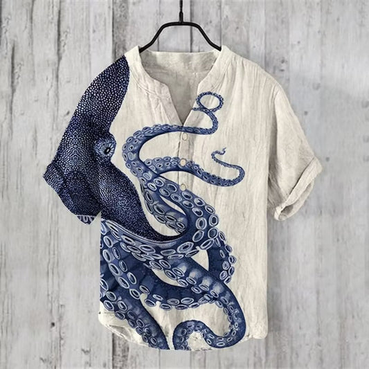 Men's Giant Octopus Cotton Linen Shirt | Japanese Ocean Art V-Neck Casual Summer Top