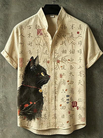 Men's Japanese Black Cat Calligraphy Print Shirt | Premium Cotton Linen Casual Button-Up