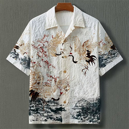Men's Japanese Crane Art Printed Short Sleeve Shirt | Premium Cotton Linen Casual Button-Up