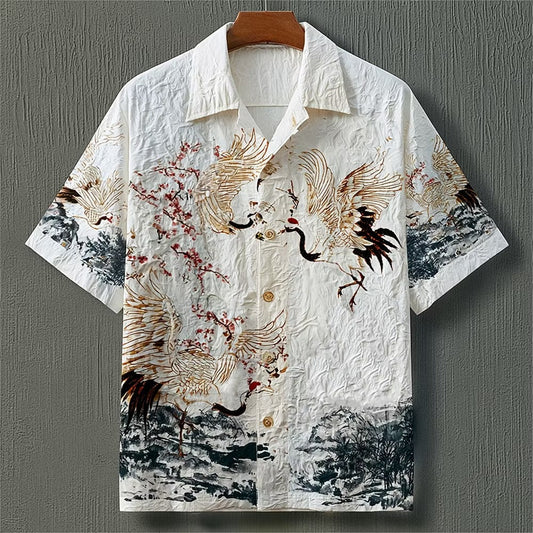Men's Japanese Crane Art Printed Short Sleeve Shirt | Premium Cotton Linen Casual Button-Up