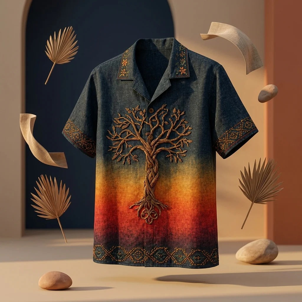 Men's Tree of Life Ombre Embroidered Cuban Collar Shirt | Premium Casual Half Sleeve Shirt