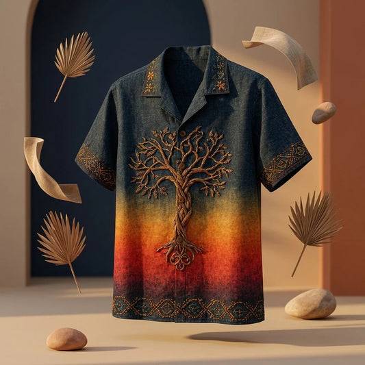 Men's Tree of Life Ombre Embroidered Cuban Collar Shirt | Premium Casual Half Sleeve Shirt