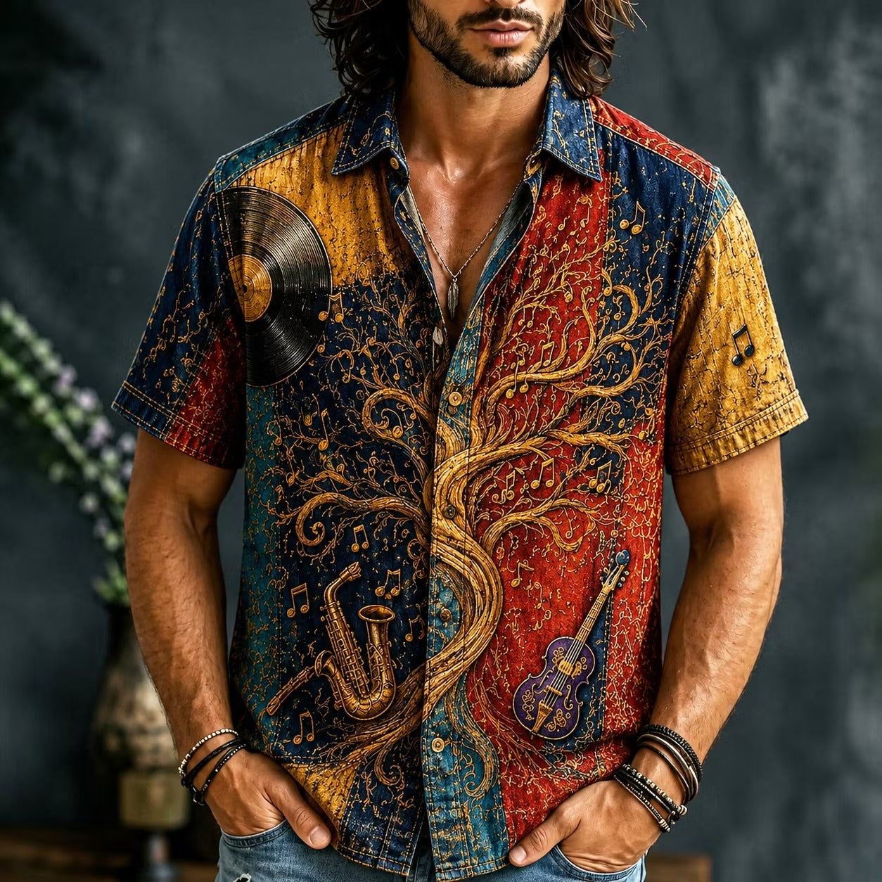 Men's Vintage Music Art Print Short Sleeve Button-Up Shirt | Casual Retro Graphic Summer Shirt