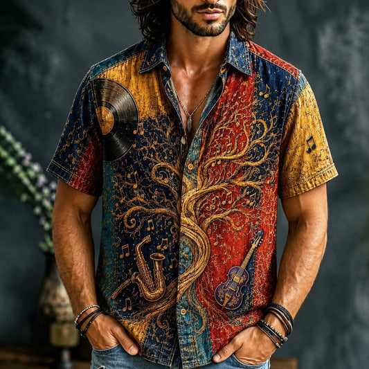Men's Vintage Music Art Print Short Sleeve Button-Up Shirt | Casual Retro Graphic Summer Shirt