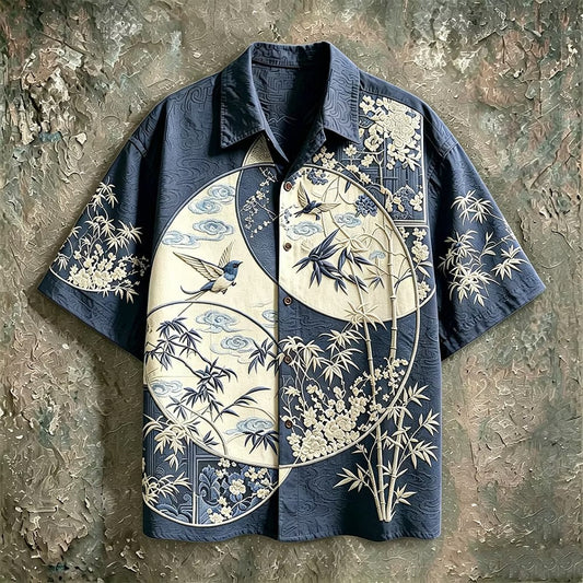 Men's Japanese Bamboo Bird Print Shirt | Premium Cotton Linen Casual Half Sleeve Button-Up Shirt