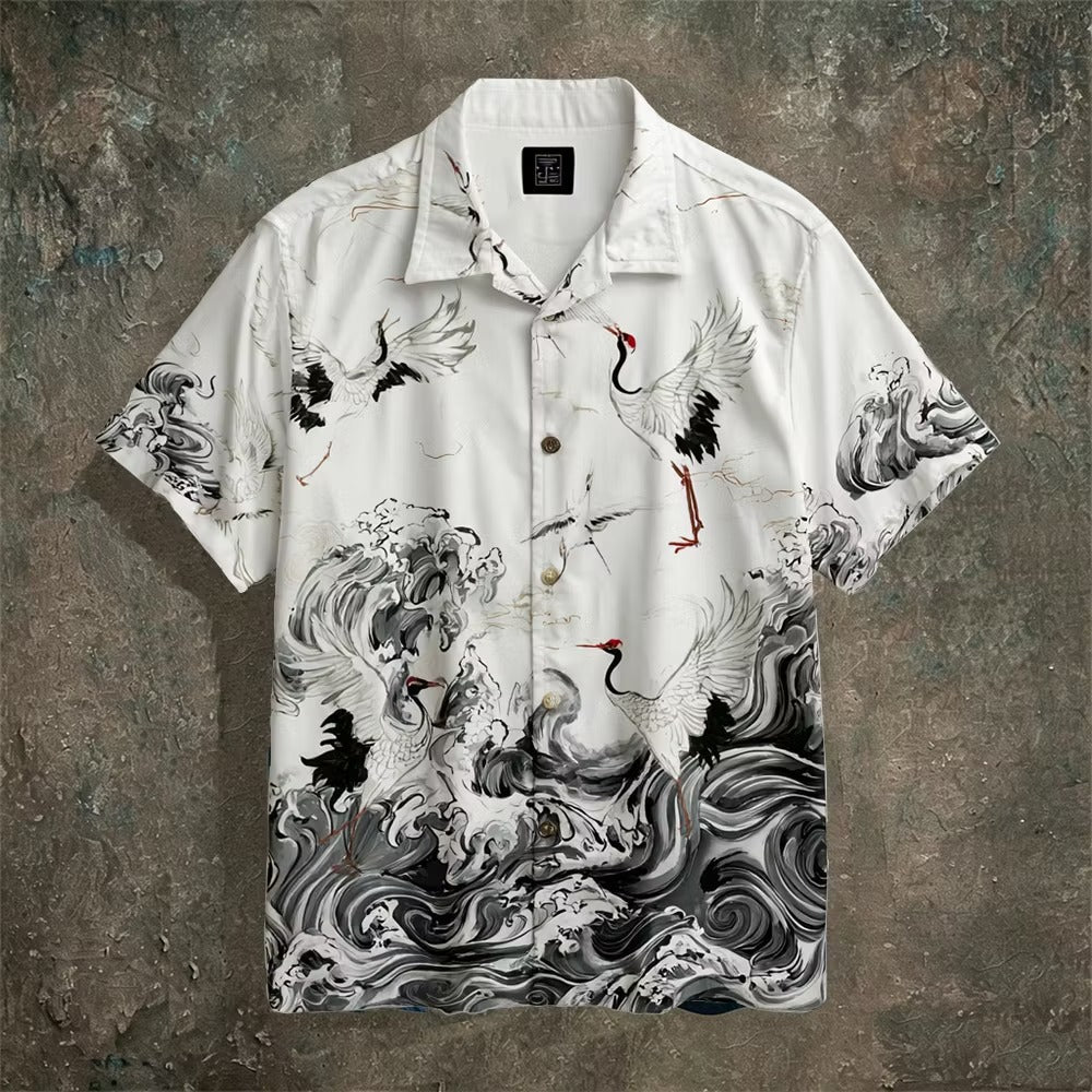 Men's Japanese Crane Wave Print Shirt | Premium Cotton Linen Casual Half Sleeve Button-Up Shirt
