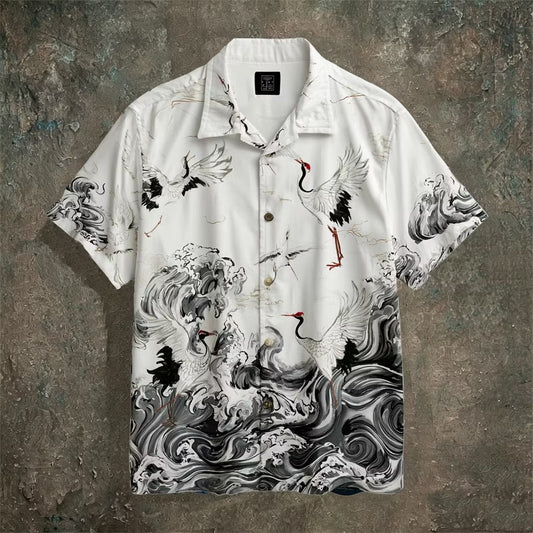 Men's Japanese Crane Wave Print Shirt | Premium Cotton Linen Casual Half Sleeve Button-Up Shirt