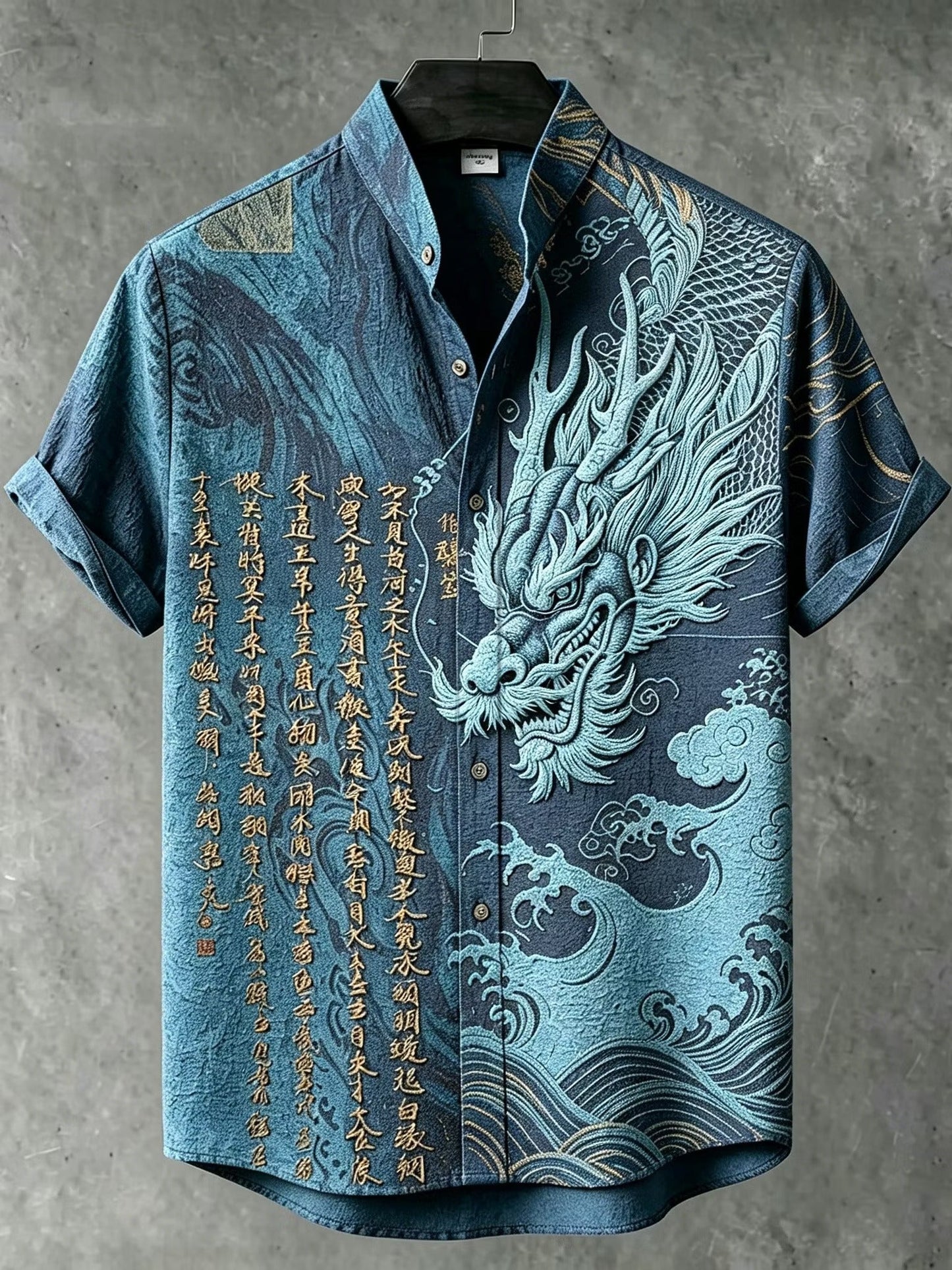 Men's Blue Dragon Print Mandarin Collar Shirt | Premium Japanese Style Casual Half Sleeve Shirt