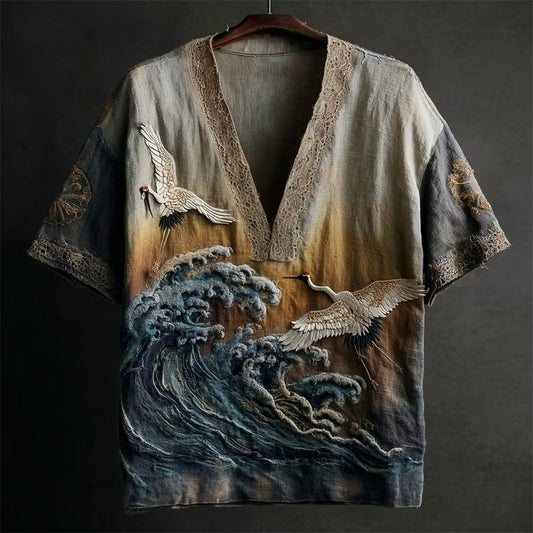 Men's Japanese Crane Wave Kimono Shirt | Vintage Cotton Linen V-Neck Casual Summer Top