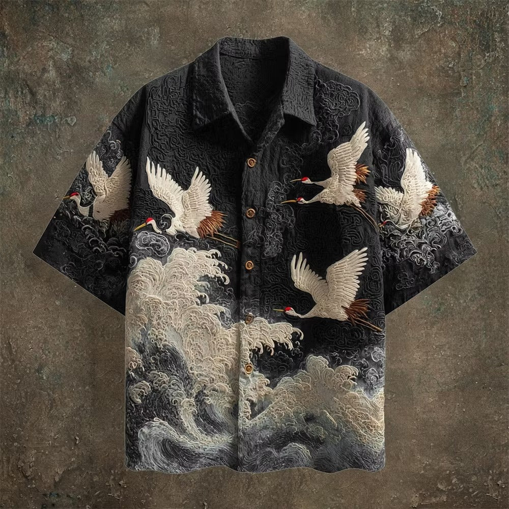 Men's Japanese Crane Wave Print Short Sleeve Shirt | Vintage Ocean Art Casual Summer Shirt