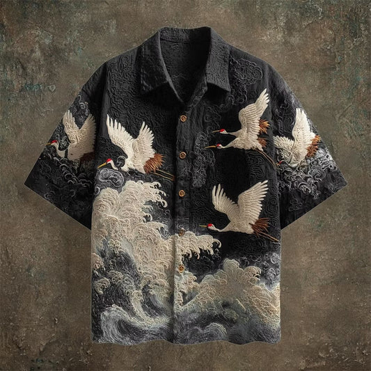 Men's Japanese Crane Wave Print Short Sleeve Shirt | Vintage Ocean Art Casual Summer Shirt