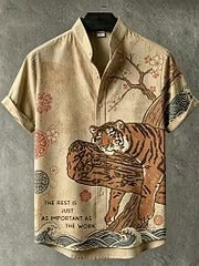 Men's Japanese Tiger Print Mandarin Collar Shirt | Premium Cotton Linen Casual Half Sleeve Shirt