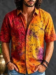 Men's Handcrafted Tie-Dye Cotton Short Sleeve Shirt | Vintage Boho Casual Summer Button-Up