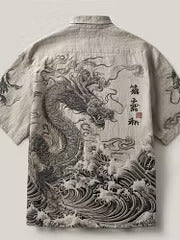 Men's Japanese Dragon Wave Print Linen Shirt | Vintage Oriental Short Sleeve Casual Shirt