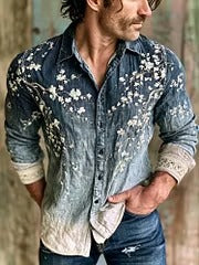 Men's Blue Ombre Floral Embroidered Cotton Linen Shirt | Long Sleeve Vintage Casual Button-Up | Uroba.shop