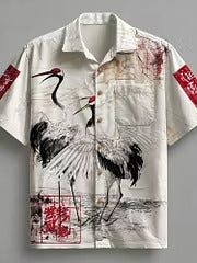 Men's White Japanese Crane Print Shirt | Premium Cotton Linen Casual Half Sleeve Button-Up Shirt