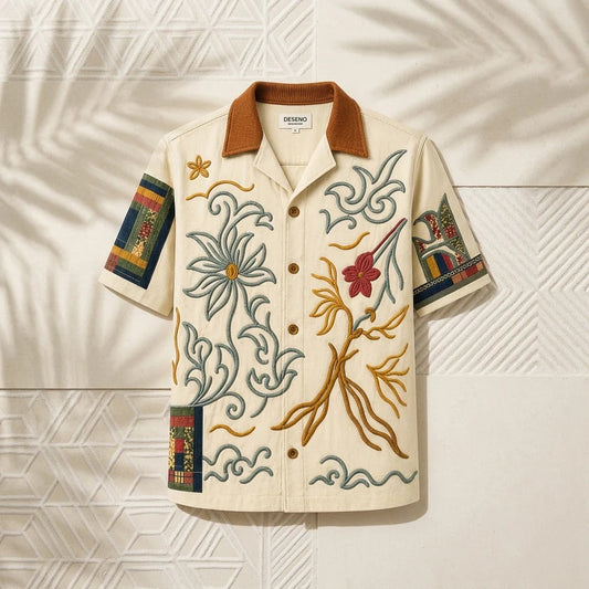 Men's Cream Floral Embroidered Cuban Collar Shirt | Premium Linen Blend Casual Half Sleeve Shirt