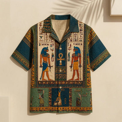 Men's Egyptian Pharaoh Hieroglyph Print Cuban Collar Shirt | Premium Vintage Casual Half Sleeve Shirt