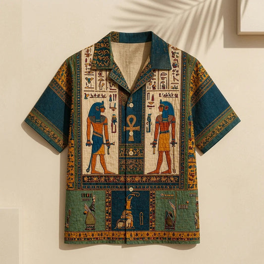 Men's Egyptian Pharaoh Hieroglyph Print Cuban Collar Shirt | Premium Vintage Casual Half Sleeve Shirt