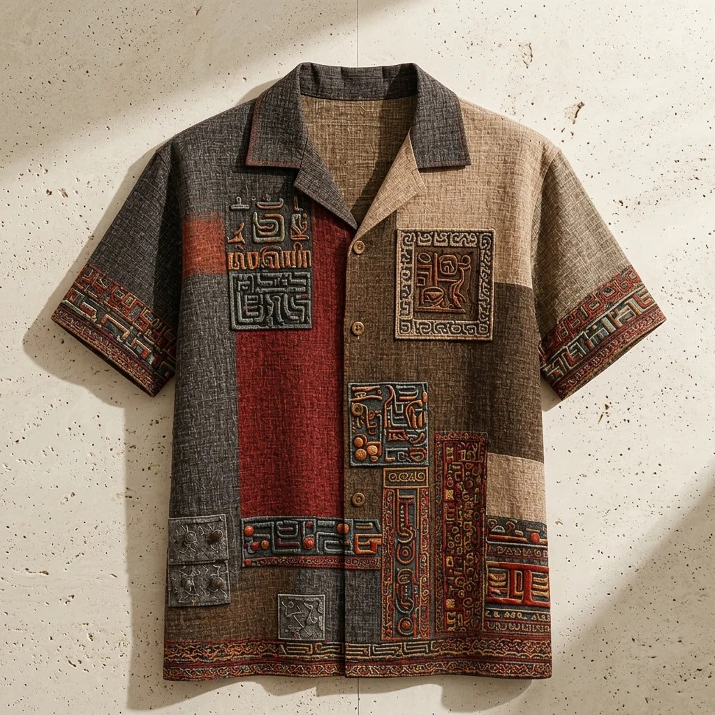 Men's Vintage Tribal Patchwork Cuban Collar Shirt | Premium Linen Blend Casual Half Sleeve Shirt