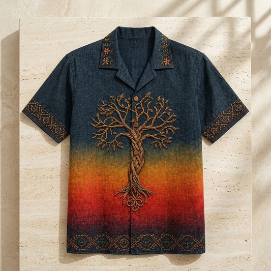 Men's Tree of Life Ombre Embroidered Cuban Collar Shirt | Premium Casual Half Sleeve Shirt