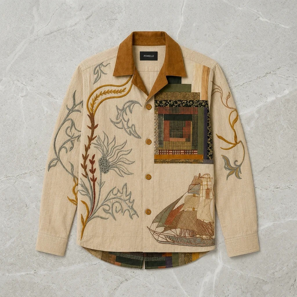 Men's Beige Artistic Embroidered Linen Blend Shirt | Premium Long Sleeve Casual Button-Up Shirt