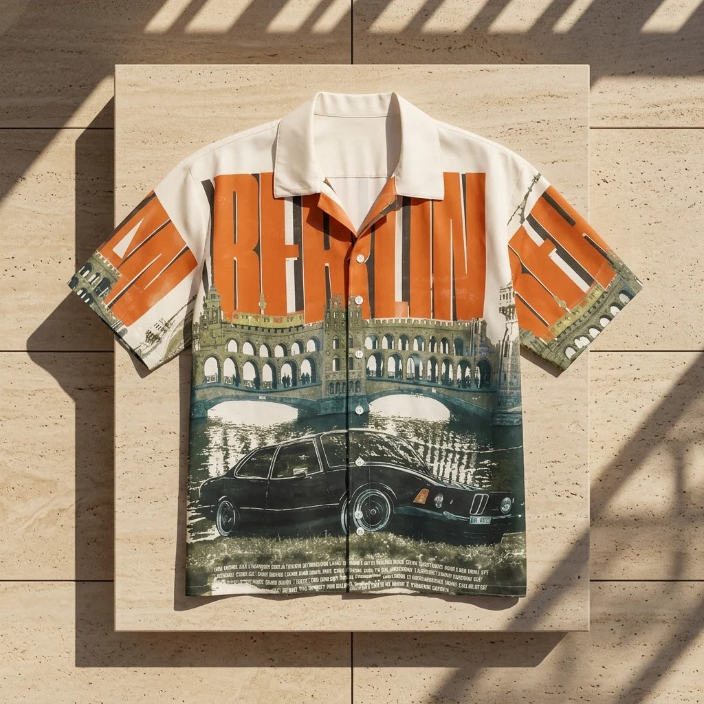 Men's Berlin Graphic Print Cuban Collar Shirt | Vintage Cityscape Casual Half Sleeve Shirt