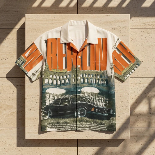 Men's Berlin Graphic Print Cuban Collar Shirt | Vintage Cityscape Casual Half Sleeve Shirt
