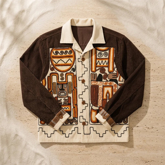 Men's Tribal Art Corduroy Jacket Shirt | Premium Vintage Graphic Button-Up Overshirt