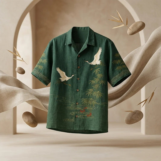 Men's Dark Green Embroidered Crane Linen Blend Cuban Collar Shirt | Premium Casual Summer Shirt