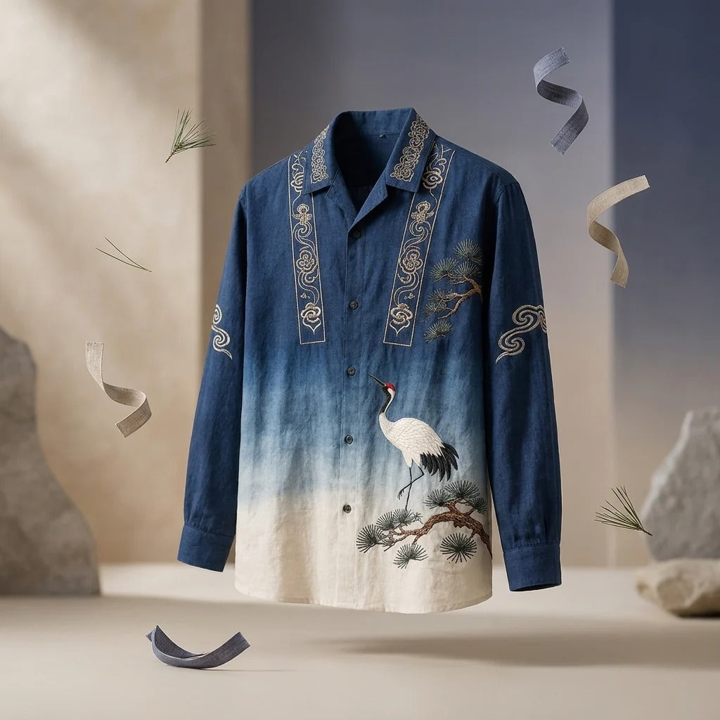 Men's Blue Gradient Embroidered Crane Linen Blend Shirt | Premium Long Sleeve Casual Shirt