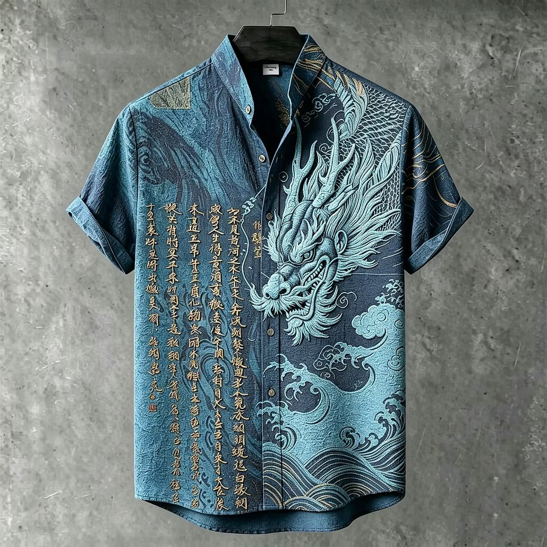 Men's Blue Dragon Print Mandarin Collar Shirt | Premium Japanese Style Casual Half Sleeve Shirt