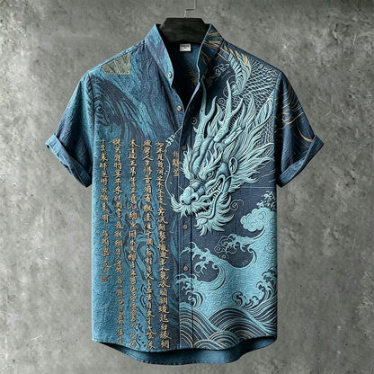 Men's Blue Dragon Print Mandarin Collar Shirt | Premium Japanese Style Casual Half Sleeve Shirt