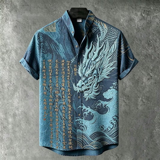 Men's Blue Dragon Print Mandarin Collar Shirt | Premium Japanese Style Casual Half Sleeve Shirt