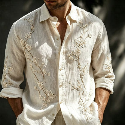 Men's White Floral Embroidered Cotton Linen Shirt | Premium Long Sleeve Casual Button-Up | Uroba.shop