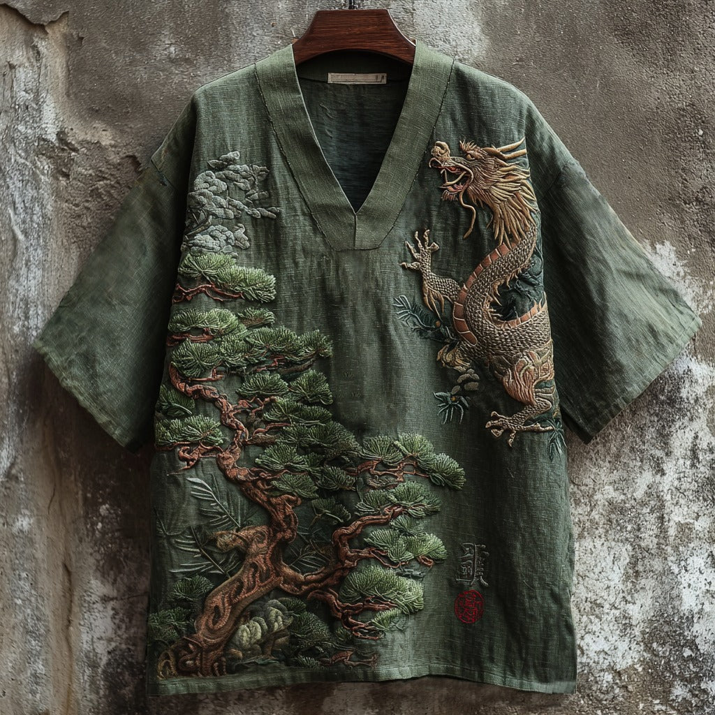 Men's Japanese Dragon Bonsai V-Neck Shirt | Premium Cotton Linen Casual Summer Top