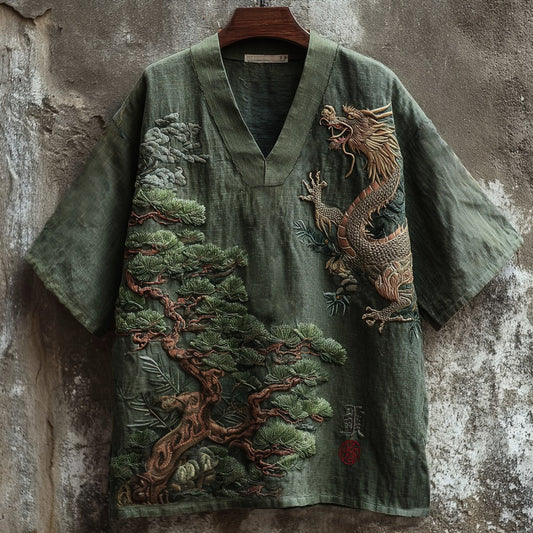 Men's Japanese Dragon Bonsai V-Neck Shirt | Premium Cotton Linen Casual Summer Top